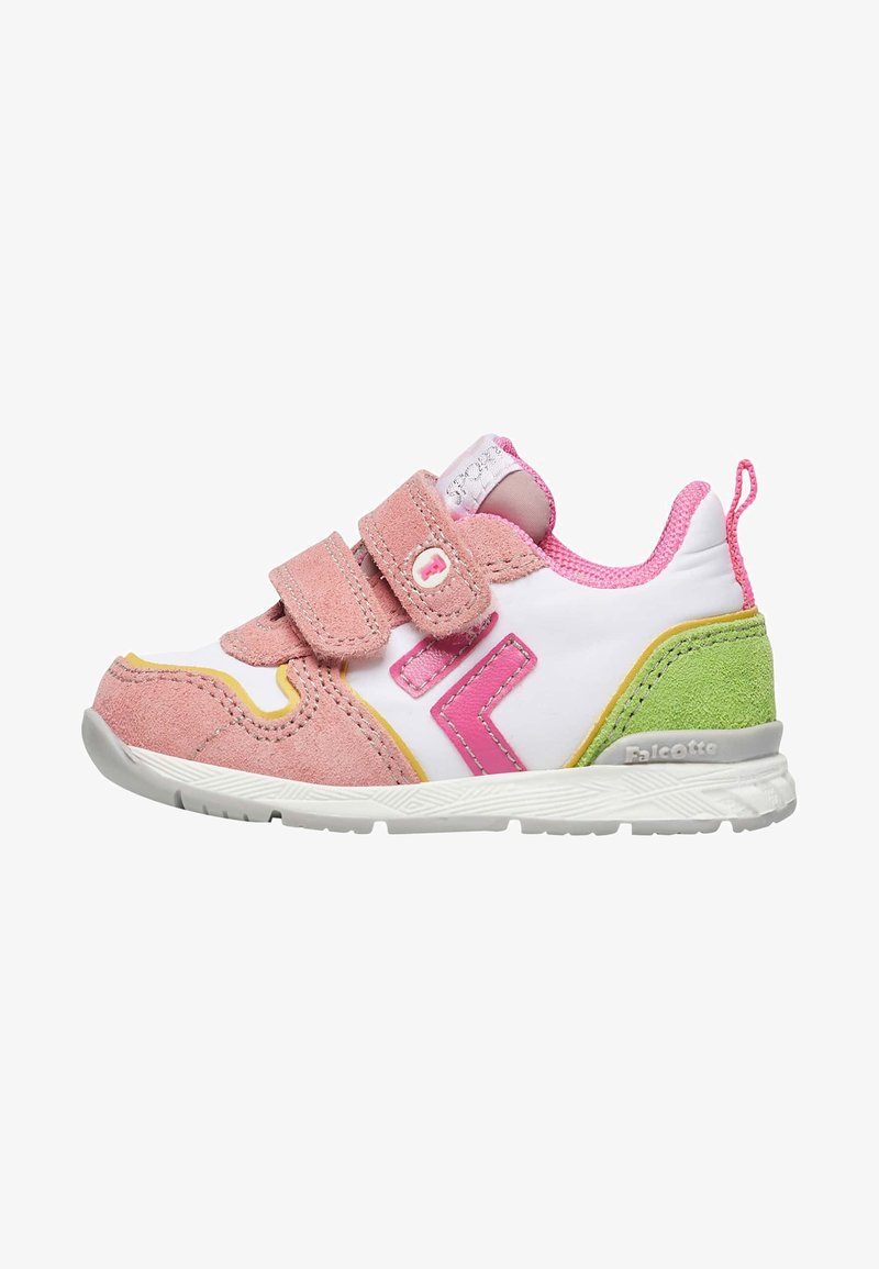 Sneakers per bambini in suede rosa e materiale sintetico bianco. Presentano strap in velcro, un accento verde e giallo e suola testurizzata.