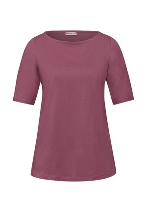 Haut court pour femmes à manches courtes de couleur prune avec encolure ronde, design simple, et étiquette de marque Street One à l'intérieur du col.
