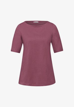 Krótka bluzka damska w kolorze śliwkowym fioletowym, z okrągłym dekoltem, prostym fasonem i metką marki Street One wewnątrz kołnierza.