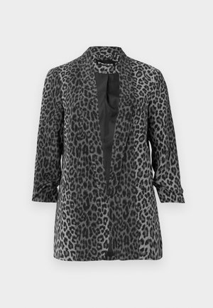Blazer v leopardjem vzorcu v črni in sivi barvi z dolgimi rokavi, odprto spredaj in gladkim materialom. Ima šalski ovratnik in sproščen kroj.