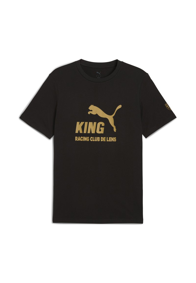 Sort T-shirt med guld "KING" tekst og logoen "RACING CLUB DE LENS", samt Puma-logoen med en springende kat.