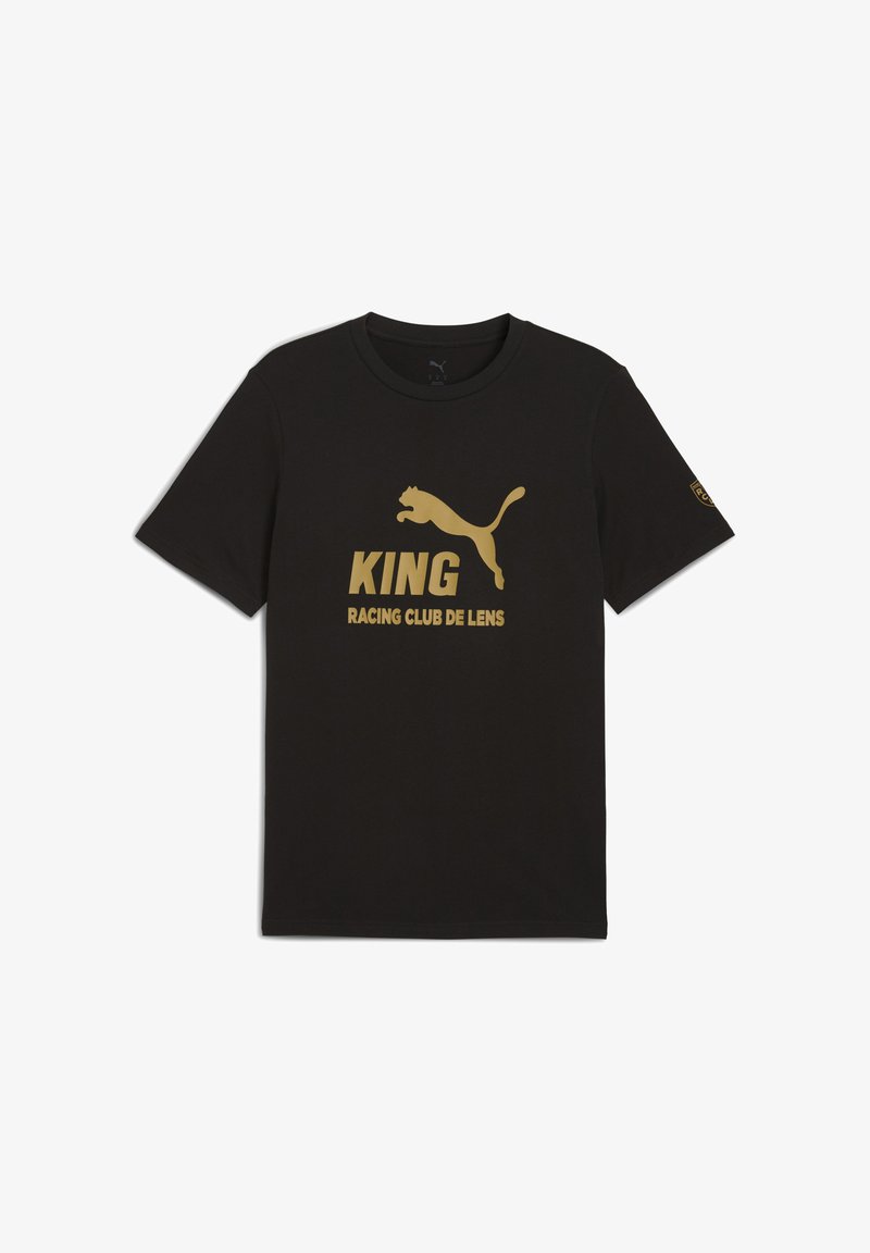Čierne tričko s textom "KING" v zlatej farbe a logom "RACING CLUB DE LENS", spolu s logom Puma znázorňujúcim skáčúcu mačku.