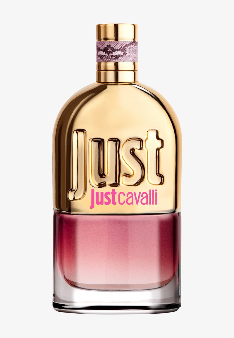 Flacon de parfum en verre transparent et doré avec un dessus arrondi ; orné d'une bande en tissu rose et d'un dégradé du rose clair au rose foncé.