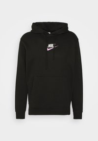 Svart hoodie i bomullsblandning, med framficka, dragsko i huvan och en flerfärgad Nike-logga på bröstet.