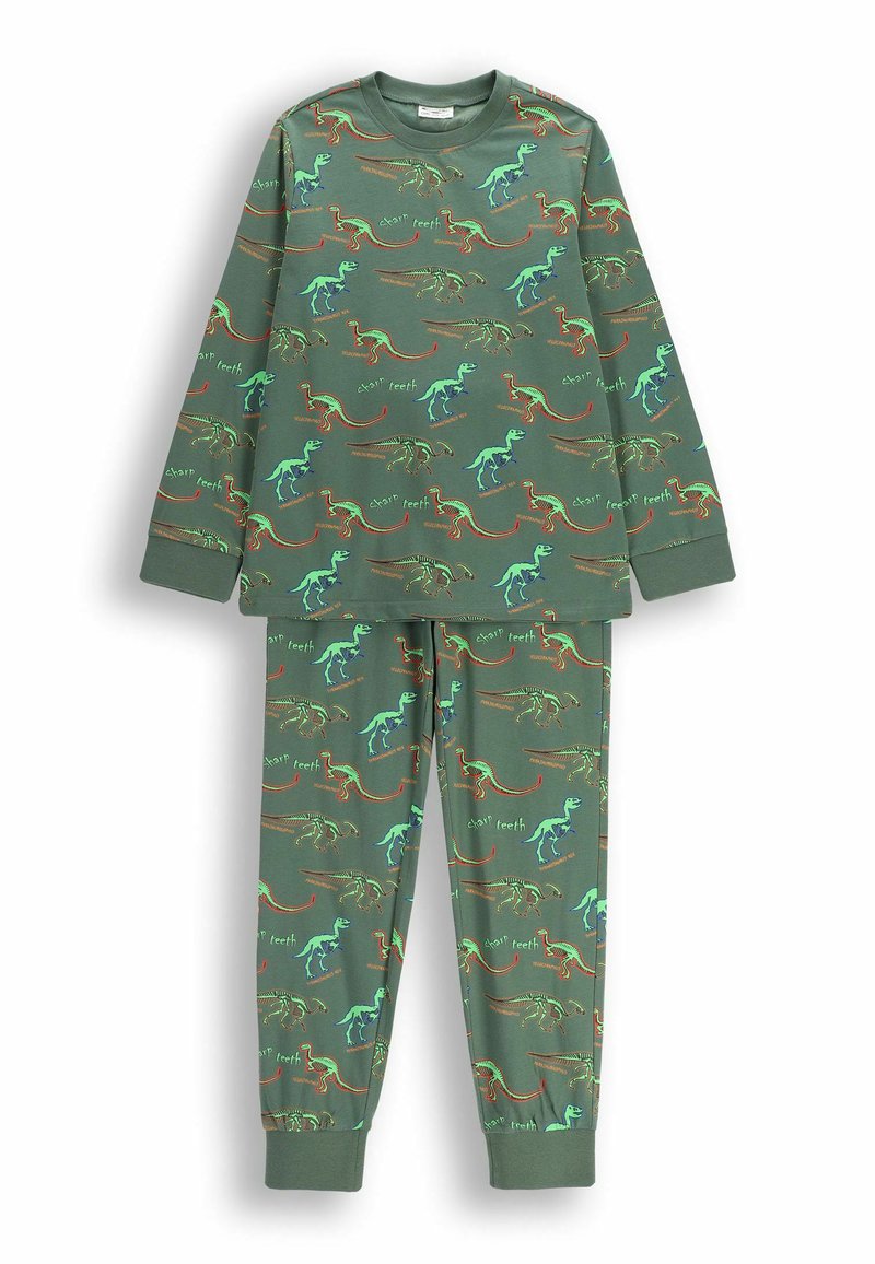 Zestaw piżamowy w kolorze zielonym, składający się z długich rękawów i spodni, ozdobiony kolorowymi nadrukami dinozaurów oraz tekstem w wesołym wzorze. Wykonany z miękkiego bawełnianego materiału.