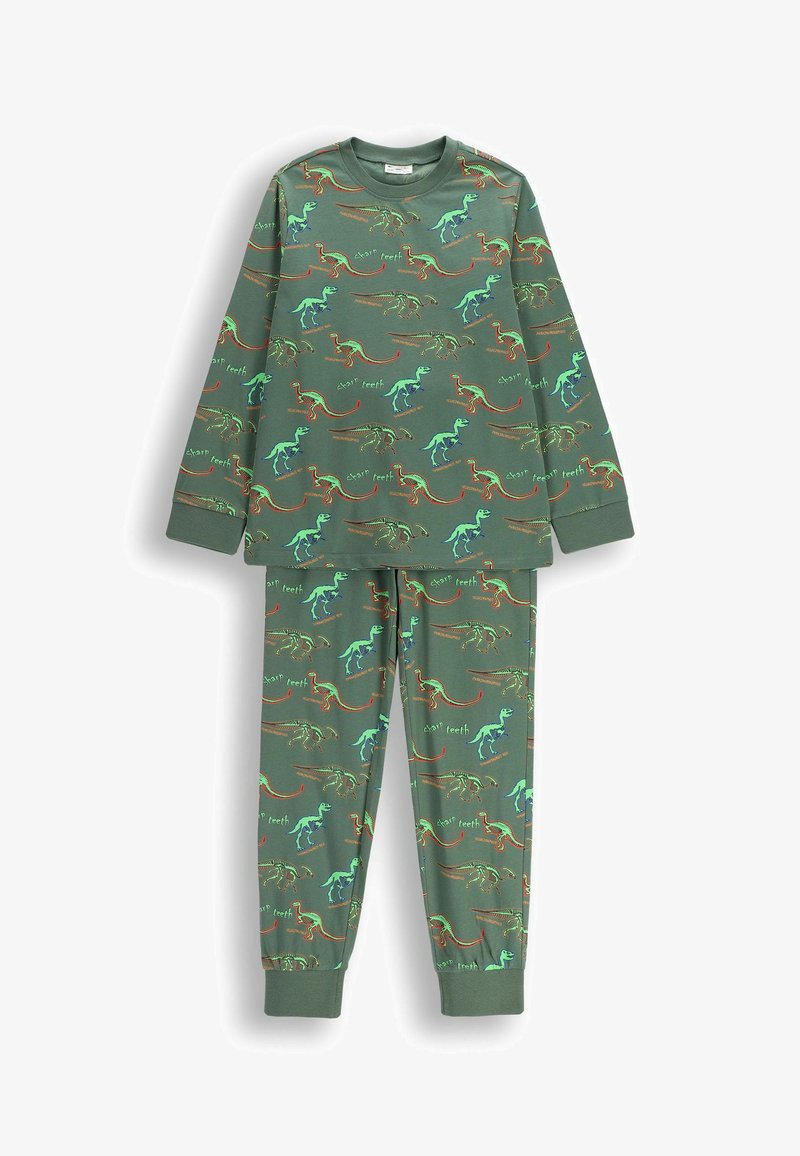 Zestaw piżamowy w kolorze zielonym, składający się z długich rękawów i spodni, ozdobiony kolorowymi nadrukami dinozaurów oraz tekstem w wesołym wzorze. Wykonany z miękkiego bawełnianego materiału.