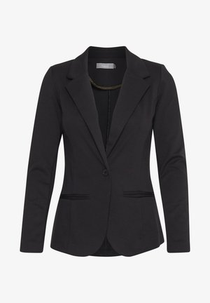 Blazer nero, vestibilità tailored, chiusura a un bottone, rever a scollo, maniche lunghe, due tasche frontali, tessuto liscio con una leggera lucentezza.