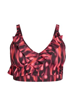 Mitmevärviline bralette, millel on roosa ja must abstraktne muster, volangidega kaunistatud kaelus ja rihmad, valmistatud venivast kangast.