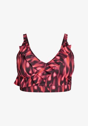 Kolorowy biustonosz typu bralette z różowo-czarnym abstrakcyjnym wzorem, falbankami wzdłuż dekoltu i ramiączek, wykonany z elastycznej tkaniny.