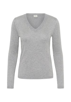 Világosszürke hosszú ujjú kötött pulóver V-nyakkivágással és bordázott részletekkel a nyaknál és az ujjvégeknél, fehér háttéren bemutatva.