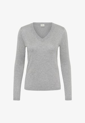 Világosszürke hosszú ujjú kötött pulóver V-nyakkivágással és bordázott részletekkel a nyaknál és az ujjvégeknél, fehér háttéren bemutatva.