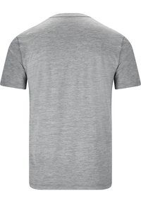 Graues T-Shirt mit kurzen Ärmeln und glatter Textur; ausgestattet mit einem klassischen Rundhalsausschnitt und nahtlosem Schulterdesign; minimalistischer Stil.