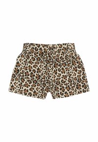 Pantaloni corti con stampa leopardata in beige, dotati di una fascia elastica nera in vita, un fit rilassato e dettagli di cucitura in evidenza.