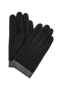Czarne rękawiczki z wełny z skórzanym mankietem i łatką na dłoni; gładka tekstura z przeszyciami na palcach i akcentem przy nadgarstku.
