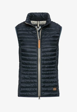 Navy gesteppte Weste mit hohem Kragen, durchgehendem Reißverschluss und Lederelementen. Leichtgewichtiges, elegantes Design mit kontrastierender Innenauskleidung.