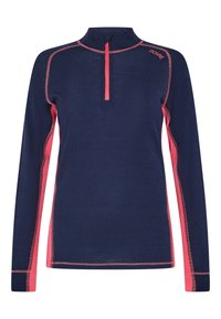 Marineblå langærmet top med halvlukket krave, der har lyserøde sidelæg og kontrasterende syninger. Fremstillet af et glat, tekstureret stof.