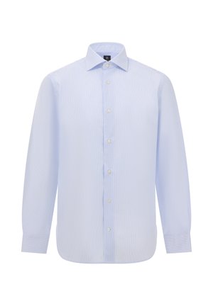 Camicia a maniche lunghe azzurro chiaro con colletto a punte. Presenta un frontale con bottoni, un motivo a quadri discreto e un orlo arrotondato. Tessuto misto cotone.