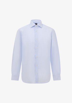 Camicia a maniche lunghe azzurro chiaro con colletto a punte. Presenta un frontale con bottoni, un motivo a quadri discreto e un orlo arrotondato. Tessuto misto cotone.