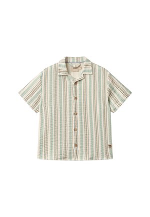 Kurzärmeliges Hemd mit Knöpfen, vertikalen Streifen in Grün, Beige und Braun, mit Kragen und kleinem Markenetikett nahe dem Saum.
