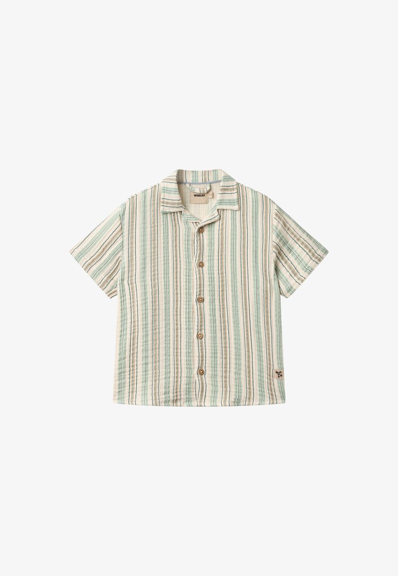 Koszula z krótkim rękawem na guziki z pionowymi paskami w kolorze zielonym, beżowym i brązowym, z kołnierzykiem i małą etykietą z logo marki przy dolnym brzegu.