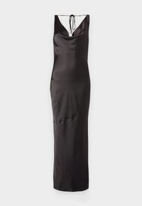 Black sleeveless dress in satin fabric. Features a cowl neckline, adjustable tie at the back, and a fitted silhouette to mid-calf.