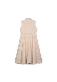 Beiges, ärmelloses Kleid mit Kragen, tailliert und schwingendem Rock. Glatter Stoff in einfarbiger Ausführung, ohne Muster oder sichtbare Hardware.