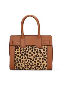 Borsa a mano in pelle marrone con pannello centrale a stampa leopardata e due manici corti. Presenta una forma rettangolare e un design strutturato.