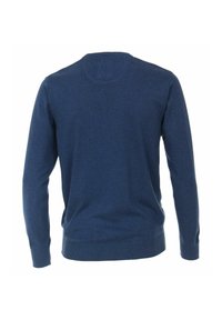 Marineblaue Pullover aus weichem Stoff; mit langen Ärmeln, Rundhalsausschnitt und geripptem Saum. Schlichtes Design ohne Muster oder Akzente.