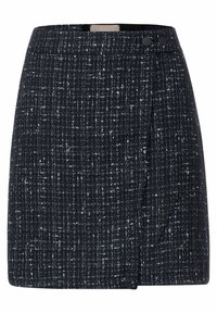 Navyblå tweedkjol med ett strukturerat mönster, med rak skärning, två svarta knappar och en sidoflapdetail.