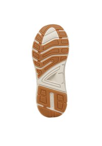 Rubber shoe sole with a textured white base and brown traction patterns. Features grooves and alignment marks for grip and stability.