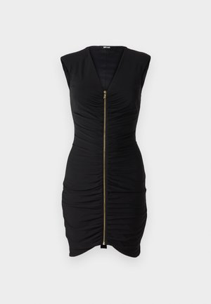 Musta ilmanhiha dressi syvällä V-kaula-aukolla, edessä vetoketju ja ryppyinen pinta, jossa on tiukka siluetti ja sileä kangas.