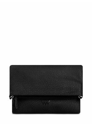 Black leather clutch bag with crinkled texture, foldover design, and top zip closure. Subtle logo at the bottom right corner.