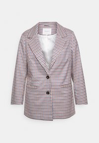 Blazer i rutmönster, med röd, blå och vit färg. Har en spetsig krage, två framfickor och en enkel knappstängning.