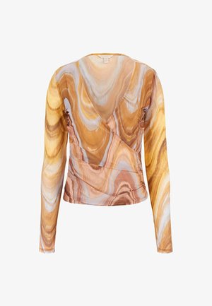 Ilgas rankovės apvyniojama palaidinė, daugiamačiu marmurinio rašto dizainu su geltonos, rudos ir kreminės spalvos atspalviais, turinti sutraukimo detalę ties liemeniu.