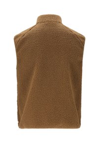 Veste sans manches en polaire marron vue de dos, avec un col montant et un tissu texturé et doux.