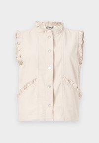 Veste sans manches couleur crème avec bordure froncée au col et aux emmanchures, boutons-pression à l'avant et détails froncés sur les poches.