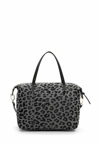 Grau-schwarze Handtasche mit Leopardenmuster, schwarzen Griffen, Reißverschluss und goldfarbenen Hardware-Akzenten.