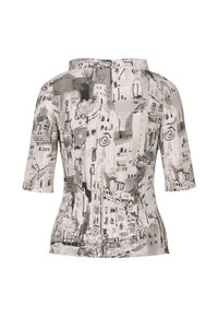 Fitted top with short sleeves, featuring a monochrome cityscape pattern. Made of lightweight fabric, smooth texture, and a soft gray palette.