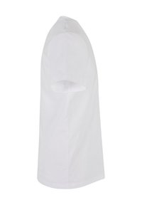 Fehér pamut póló, rövid ujjú, klasszikus kerek nyakú tervezés, sima textúra, egyenes szabás, látható minták vagy kiegészítők nélkül.