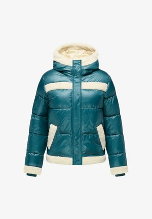 Teal puffer jacket with a hood, featuring cream fleece accents on the collar, pockets, and stripes across the front. Front zipper closure.