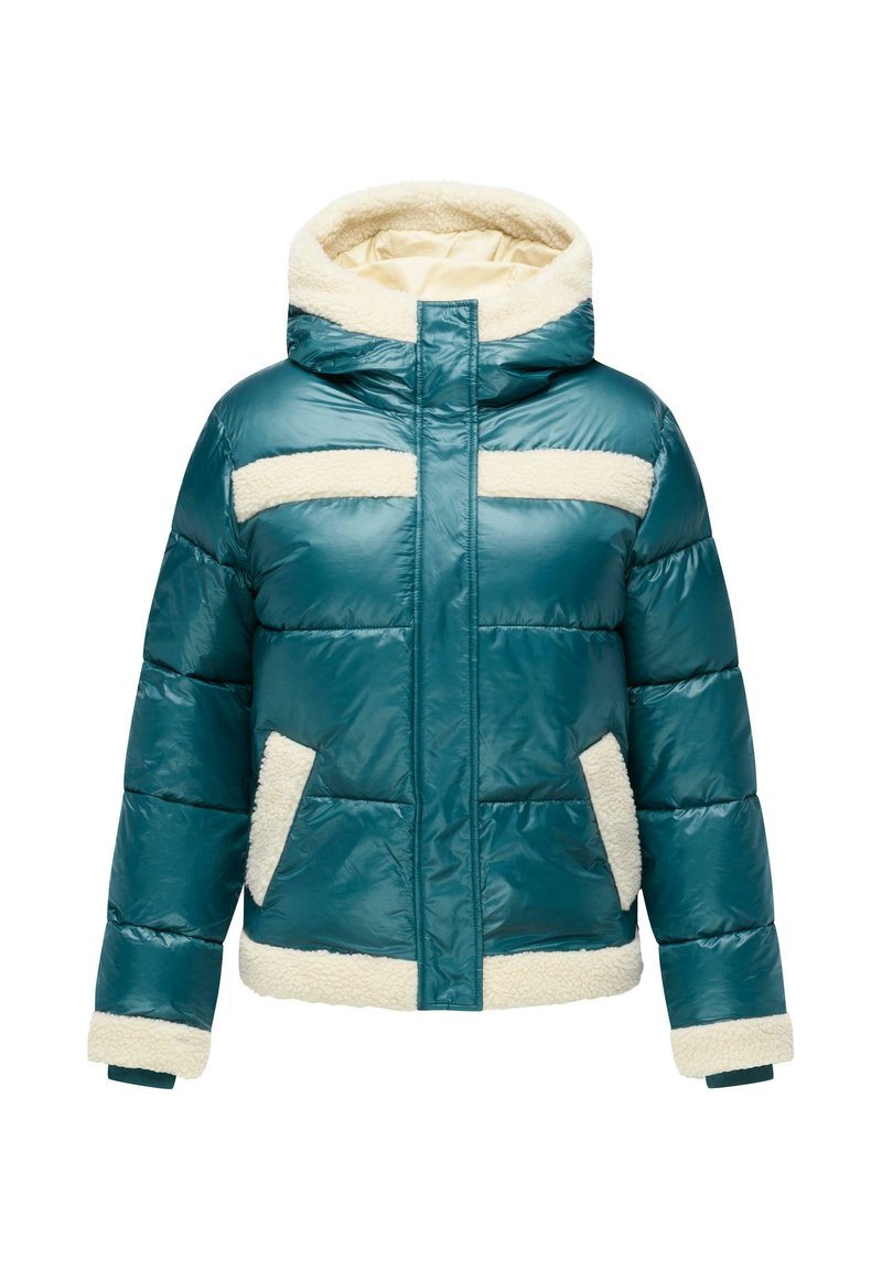 Teal pufferjakke med hætte, der har cremefarvede fleece-accenter på kraven, lommer og striber på forsiden. Foran lynlås lukning.