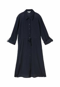 Abito camicia blu navy realizzato in tessuto leggero, con collo a bottone, maniche lunghe e vita regolabile con coulisse e fessure laterali.