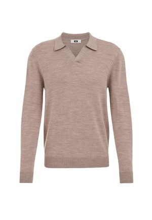 Kudottu beige neulepaita, jossa on V-pääntie ja kaulus, pitkät hihat, ribbireunat ja teksturoitu pinta. Kevyt ja rento muotoilu.