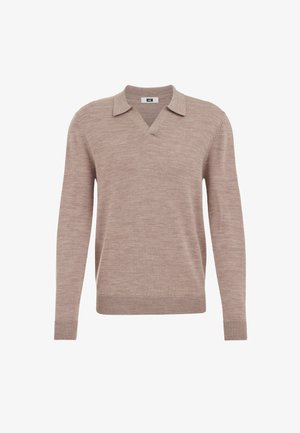 Adīts bēšs džempers ar V-veida kakla izgriezumu un apkakli, garām piedurknēm, ribotām aprocēm un strukturētu apdari. Viegls un neoficiāls dizains.