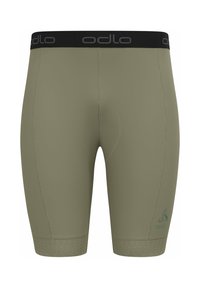Olijfgroene sportshorts met een zwarte Odlo tailleband, gemaakt van soepele stof, met een aangesloten ontwerp en geperforeerde accenten aan de zoom.