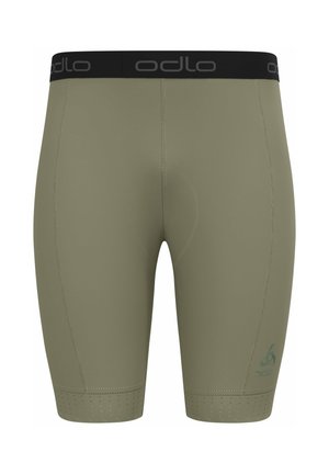 Olivgrüne Sportshorts mit schwarzem Odlo-Bund, ausgestattet mit glattem Stoff, engem Schnitt und gelochten Akzenten am Saum.