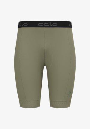 Olivgrüne Sportshorts mit schwarzem Odlo-Bund, ausgestattet mit glattem Stoff, engem Schnitt und gelochten Akzenten am Saum.