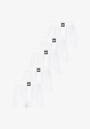 Fünf Paare weiße Baumwollboxershorts mit elastischem Bund und einem mit Knöpfen verschließbaren Hosenschlitz. Jedes Paar hat ein kleines schwarzes Logoetikett am Bund.