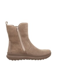 Beige Wildleder-Stiefeletten mit seitlichem Reißverschluss, runder Zehenpartie und einer dicke Gummisohle mit strukturiertem Muster. Leichtes Design für Komfort.