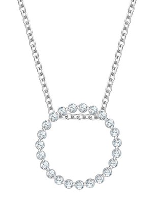 Collana in argento con un pendente circolare adornato da numerosi cristalli tondi trasparenti, che creano un effetto scintillante con una superficie liscia.
